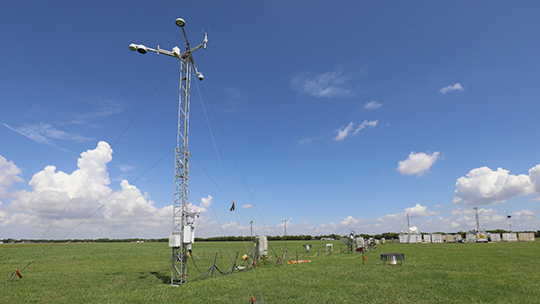ARM instruments deployed with the first ARM Mobile Facility in La Porte, TX as part of the TRACER:  TRacking Aerosol Convection interactions ExpeRiment. (Image credit: Guy Tubbs; courtesy of the Atmospheric Radiation Measurement (ARM) user facility)