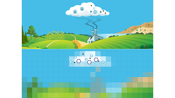 The upper half of this illustration shows farm, fields, and hills with a building and cloud above it. The lower half of the image shows an abstract block-like depiction of the same image.