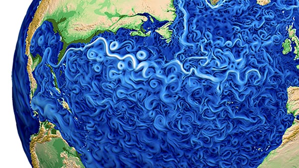 This high-resolution ocean simulation uses the Energy Exascale Earth System Model (E3SM), which divides the globe into a grid with intervals of only 15 kilometers. (Image credit: Los Alamos National Laboratory)