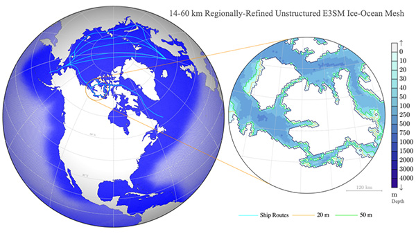 A 14 - 60 km Regionally-Refined Unstructured E3SM Ice-Ocean Mesh (Image credit: Los Alamos National Laboratory)