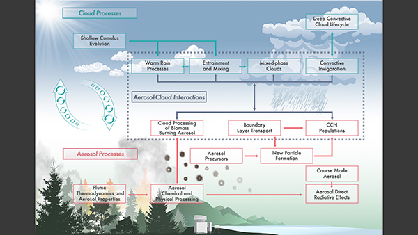 Illustration of the primary research topics and their interactions within the joint BNL-ANL Atmospheric System Research Science Focus Area project "Process-level AdvancementS of Climate through Cloud and Aerosol Lifecycle Studies." (Image by BNL Graphics Arts)